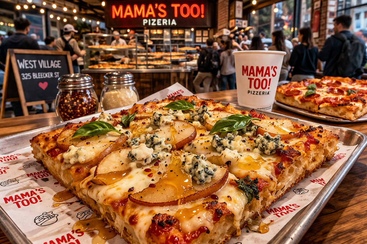 Close-up of Mama’s TOO! poached pear pizza slice with melted gorgonzola and hot honey in a busy NYC pizzeria setting