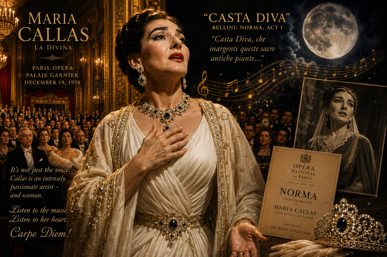 Cinematic portrait of Maria Callas performing “Casta Diva” at the Paris Opera in 1958, wearing elegant couture and dazzling jewelry beneath golden stage lights, while an emotional opera audience watches in awe as moonlit musical notes swirl around her.