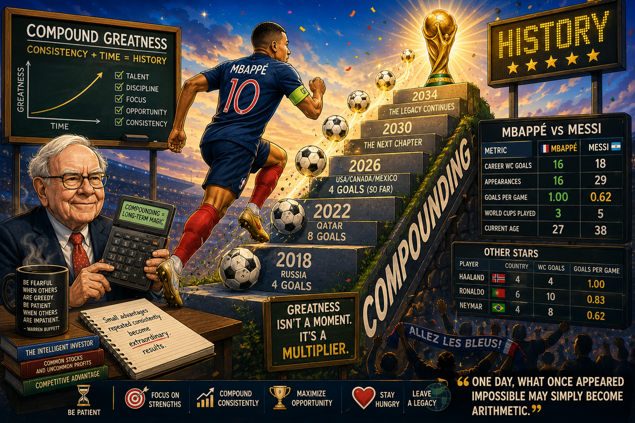 Illustration of Kylian Mbappé sprinting up a staircase labeled 