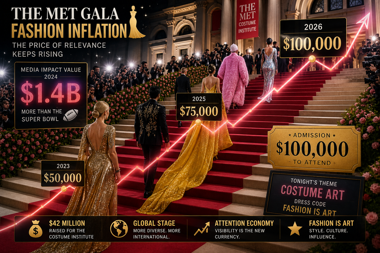Met Gala red carpet visualized as a rising stock chart with celebrities ascending a staircase labeled $50K, $75K, and $100K ticket prices, symbolizing fashion inflation and media impact value