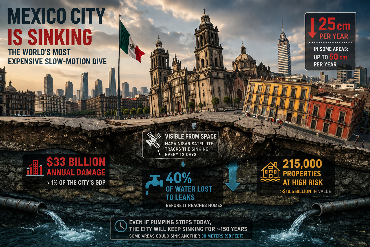 Mexico City skyline sinking into cracked ground with tilting buildings, illustrating land subsidence caused by groundwater depletion
