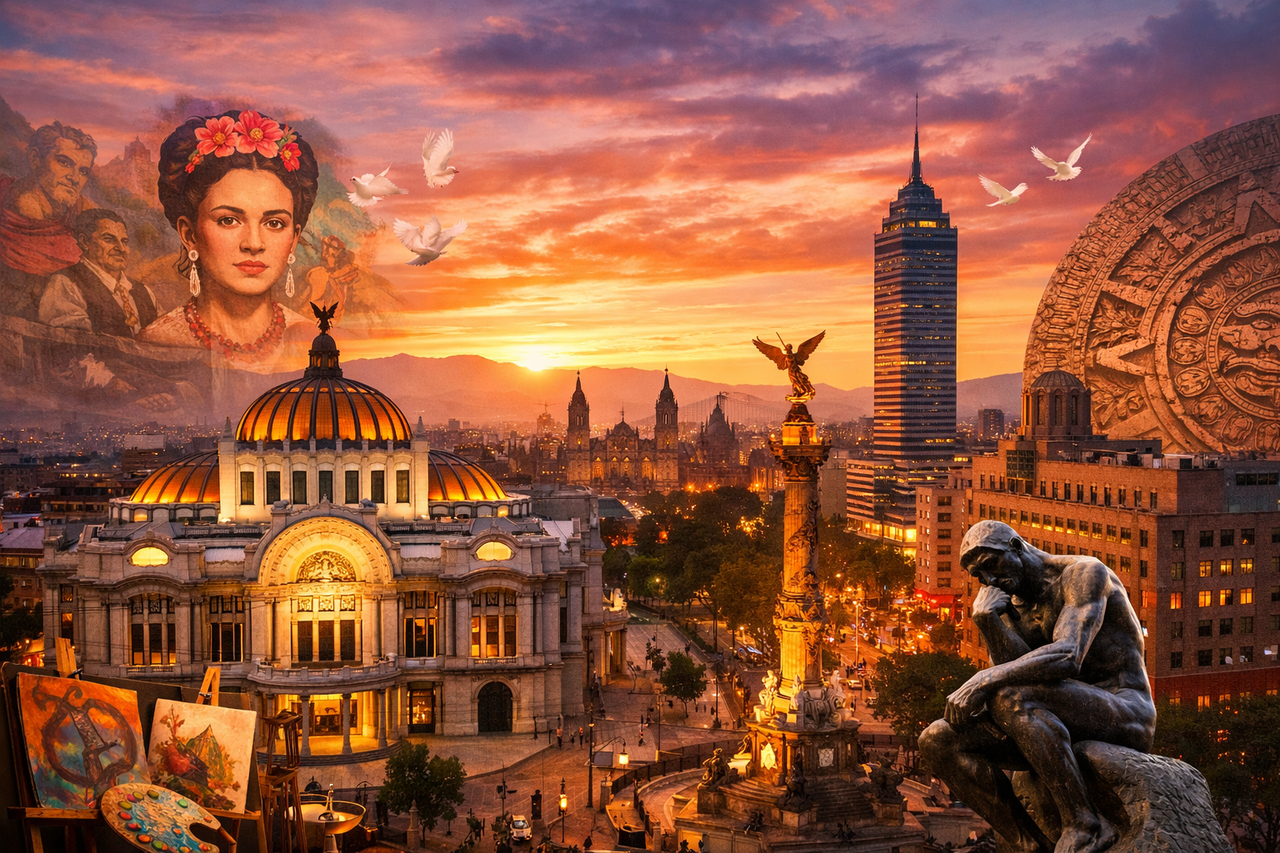 Mexico City skyline at sunset with cultural landmarks and artistic elements, representing its status as the world’s top city for museums and art.