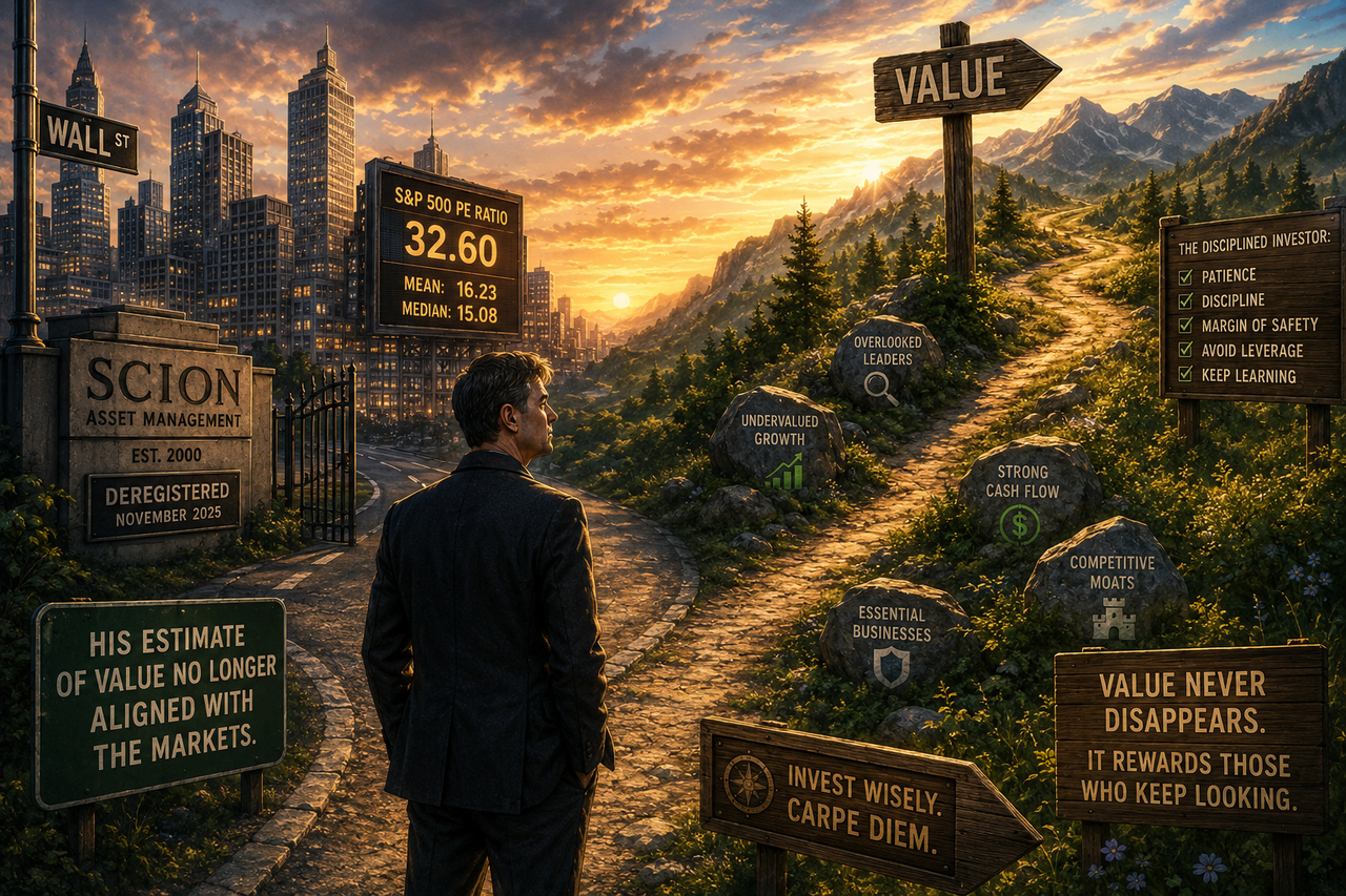 A thoughtful illustration of Michael Burry standing at a crossroads at sunset, one path leading away from Wall Street skyscrapers labeled 