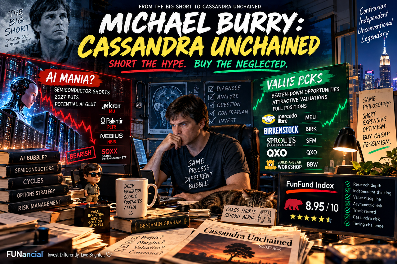 Michael Burry investing concept contrasts AI and semiconductor shorts with beaten-down value stocks, 2027 puts and his post-Scion strategy.
