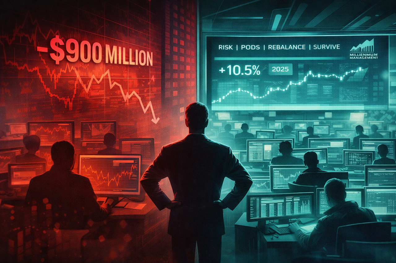 Editorial illustration of Millennium Management’s trading pods and risk systems recovering after a $900 million loss, symbolizing Israel Englander’s 2025 hedge fund comeback and multi-strategy portfolio management.