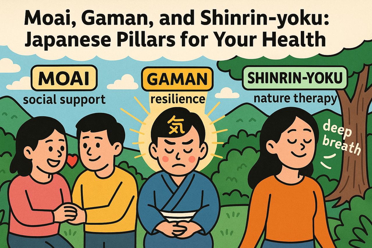 A vibrant digital illustration blending three Japanese wellness traditions: a small group of friends (Moai) sharing tea, a serene figure calmly enduring hardship (Gaman), and a person walking slowly through a peaceful green forest (Shinrin-yoku).