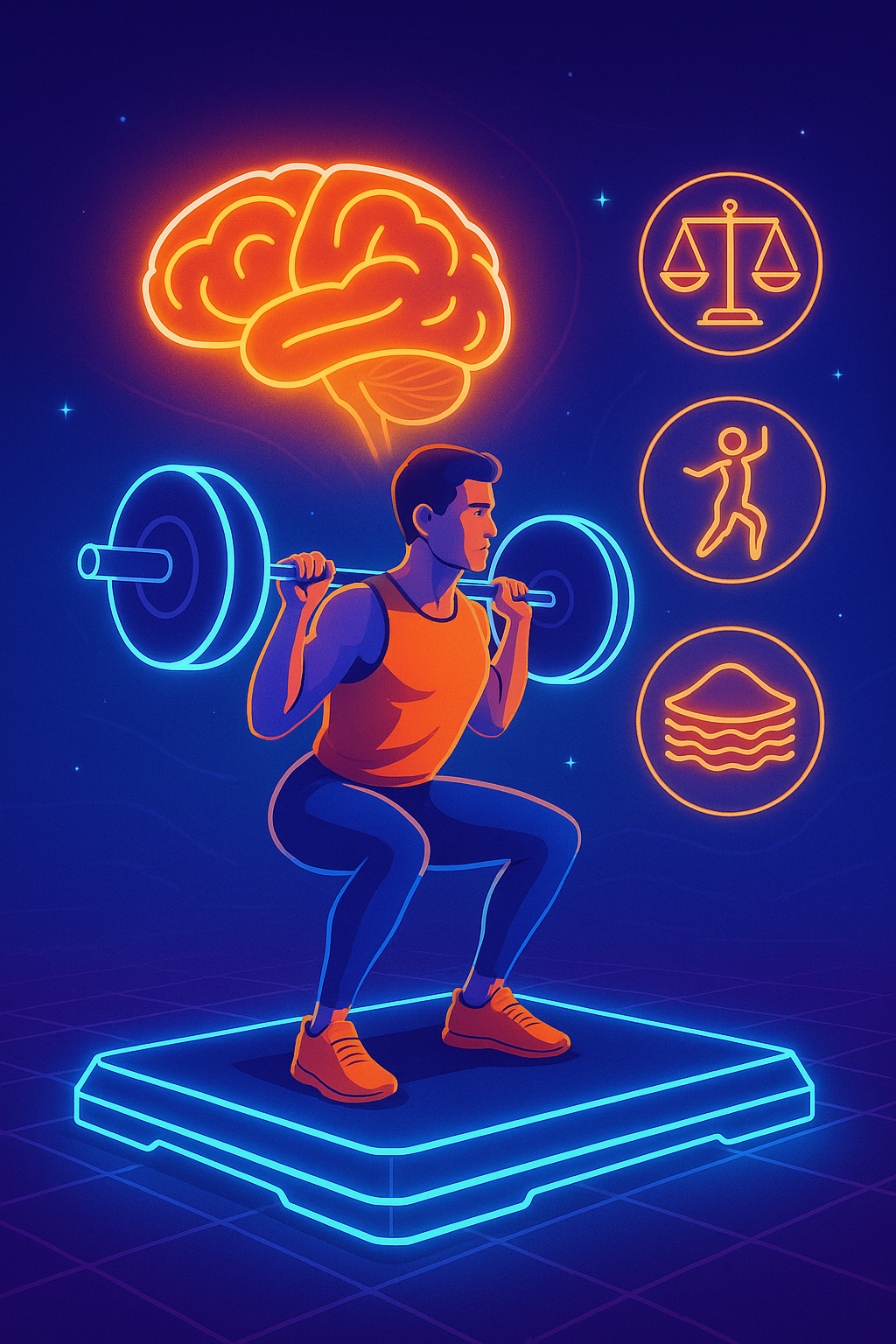 Person strengthening muscles on a futuristic gym platform with glowing brain imagery and icons symbolizing reduced visceral fat, balance, and younger brain health.