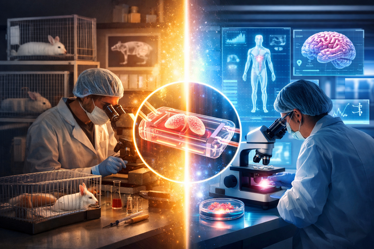 A split illustration showing a traditional laboratory with animal testing on one side and a futuristic lab using organ-on-chip technology and digital human simulations on the other, symbolizing the shift toward more humane and advanced medical research.