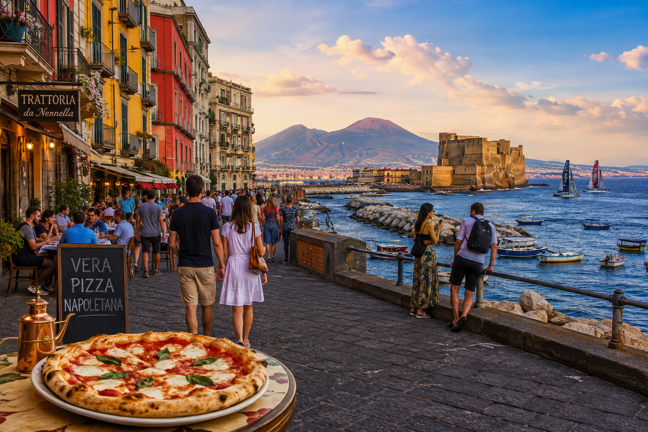 People walking along Naples' Tyrrhenian waterfront with Mount Vesuvius, Castel dell'Ovo, colorful streets, and iconic Neapolitan pizza celebrating the city's vibrant culture.