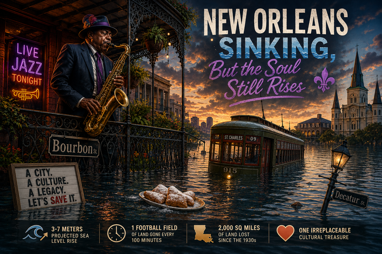 Illustration of New Orleans partially submerged in rising water, with a jazz musician playing on a balcony above floodwaters, symbolizing the city’s rich culture threatened by climate change and land subsidence.