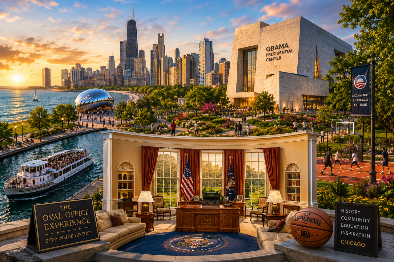 Golden-hour illustration of the Obama Presidential Center in Chicago with a life-sized Oval Office experience, Lake Michigan shoreline, Chicago skyline, and iconic city attractions symbolizing history, culture, architecture, and travel.