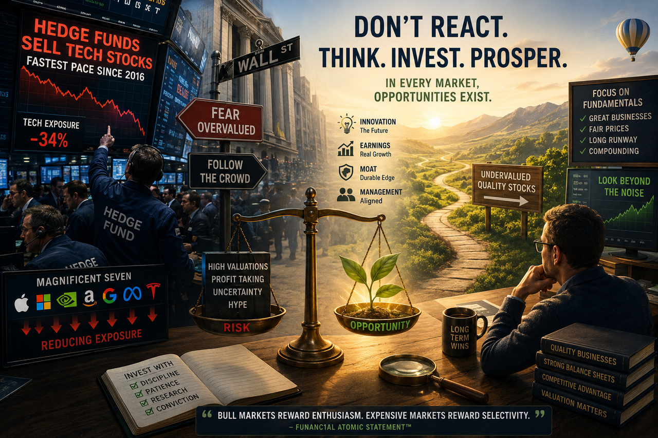 Illustration of Wall Street traders rotating out of technology stocks while individual investors calmly study undervalued companies, featuring a balanced scale symbolizing valuation versus opportunity.