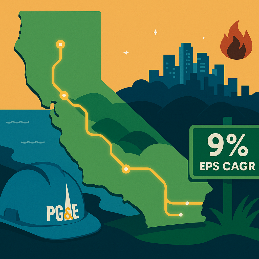 California map with underground powerlines and a 9% EPS CAGR sign—PG&E’s safety upgrades and growth guidance.