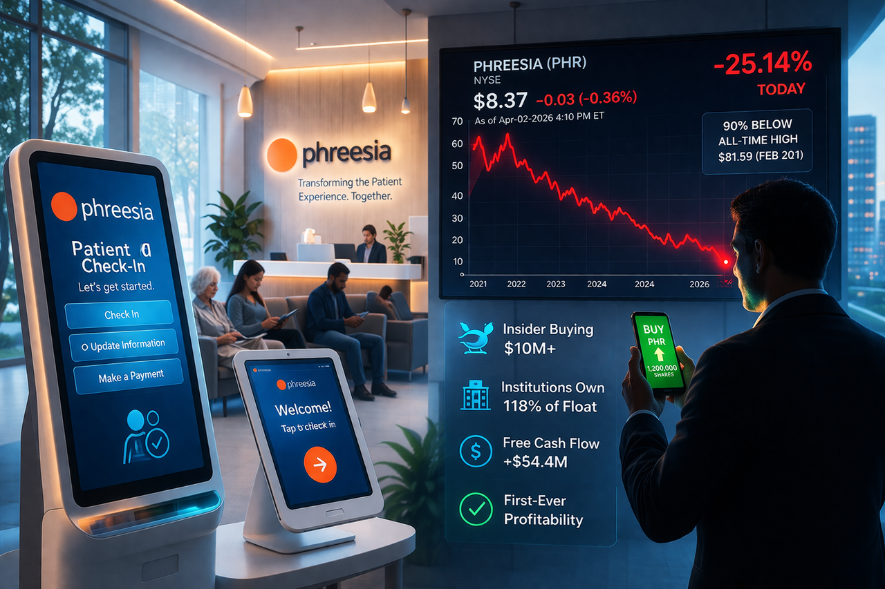 Digital healthcare check-in kiosks in a modern clinic with a falling stock chart in the background and an investor buying during the dip, symbolizing Phreesia’s market selloff and insider confidence.