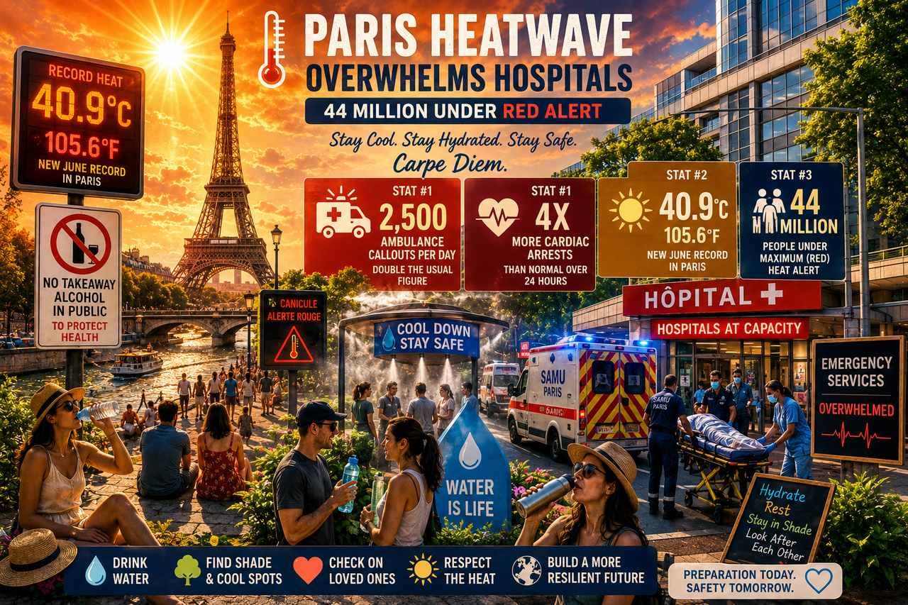A cinematic illustration of Paris during an intense summer heatwave. The Eiffel Tower shimmers beneath a blazing orange sun as digital thermometers display 40.9°C (105.6°F). Ambulances race across the city while doctors and nurses care for patients.