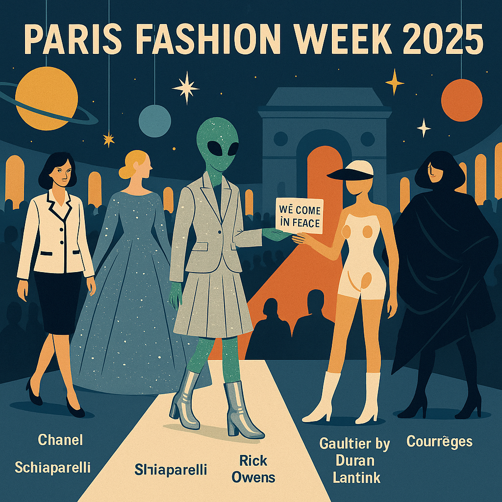 Paris Fashion Week 2025 recap—Chanel galaxy set, Louis Vuitton at the Louvre, Schiaparelli sparkle, Rick Owens volume; alien-themed Thom Browne, Gaultier by Duran Lantink, and Courrèges solar minimalism.”