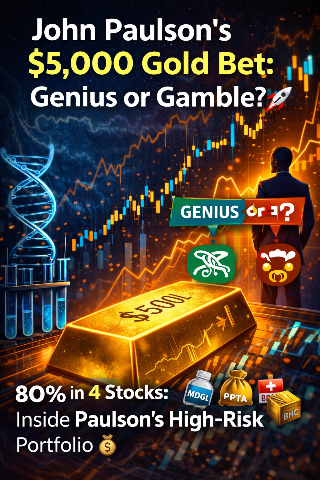 A glowing gold bar with rising stock charts and biotech symbols, representing John Paulson’s concentrated investment strategy in gold and healthcare.