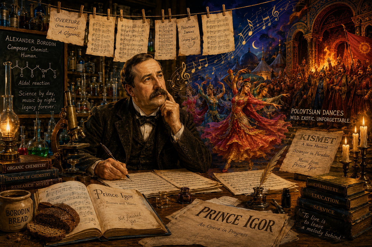 Alexander Borodin composing Prince Igor inside a chemistry laboratory filled with musical manuscripts, scientific instruments, and colorful dancers inspired by the Polovtsian Dances, symbolizing the fusion of science and immortal music.