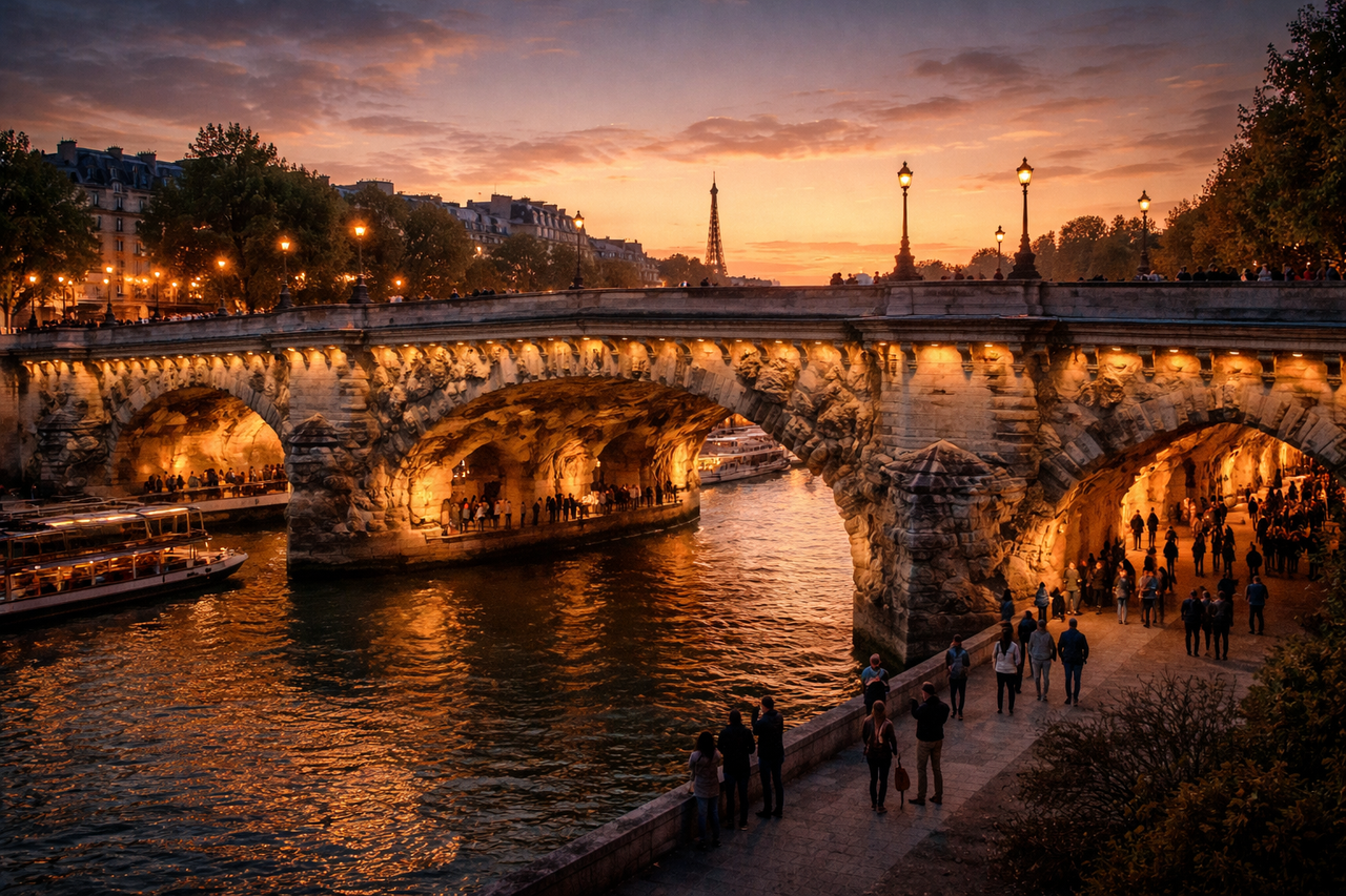 The Pont Neuf bridge in Paris transformed into a cave-like immersive art installation at sunset, blending historic architecture with contemporary illusion.