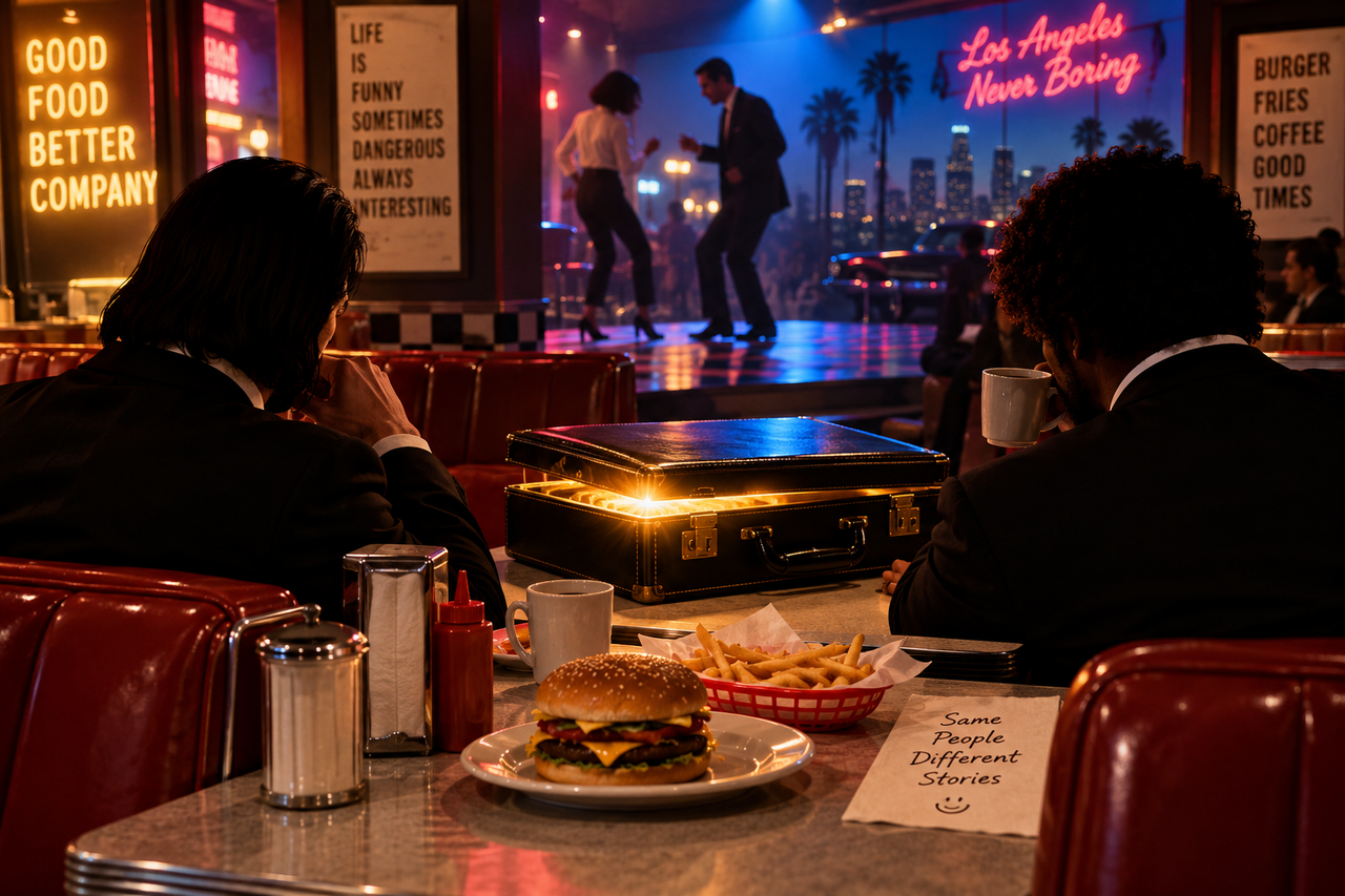 Darkly comic 1990s crime-film diner scene with suited figures, a cheeseburger and glowing briefcase evoking Pulp Fiction’s comedy.