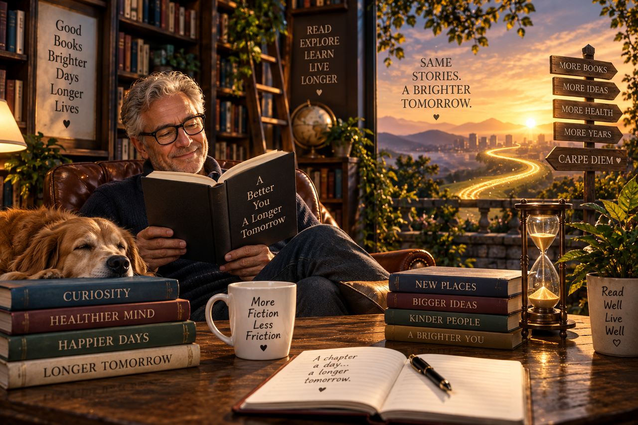 Older adult reading a book in a warm library, illustrating the Yale study linking regular book reading with longevity and lower mortality risk.
