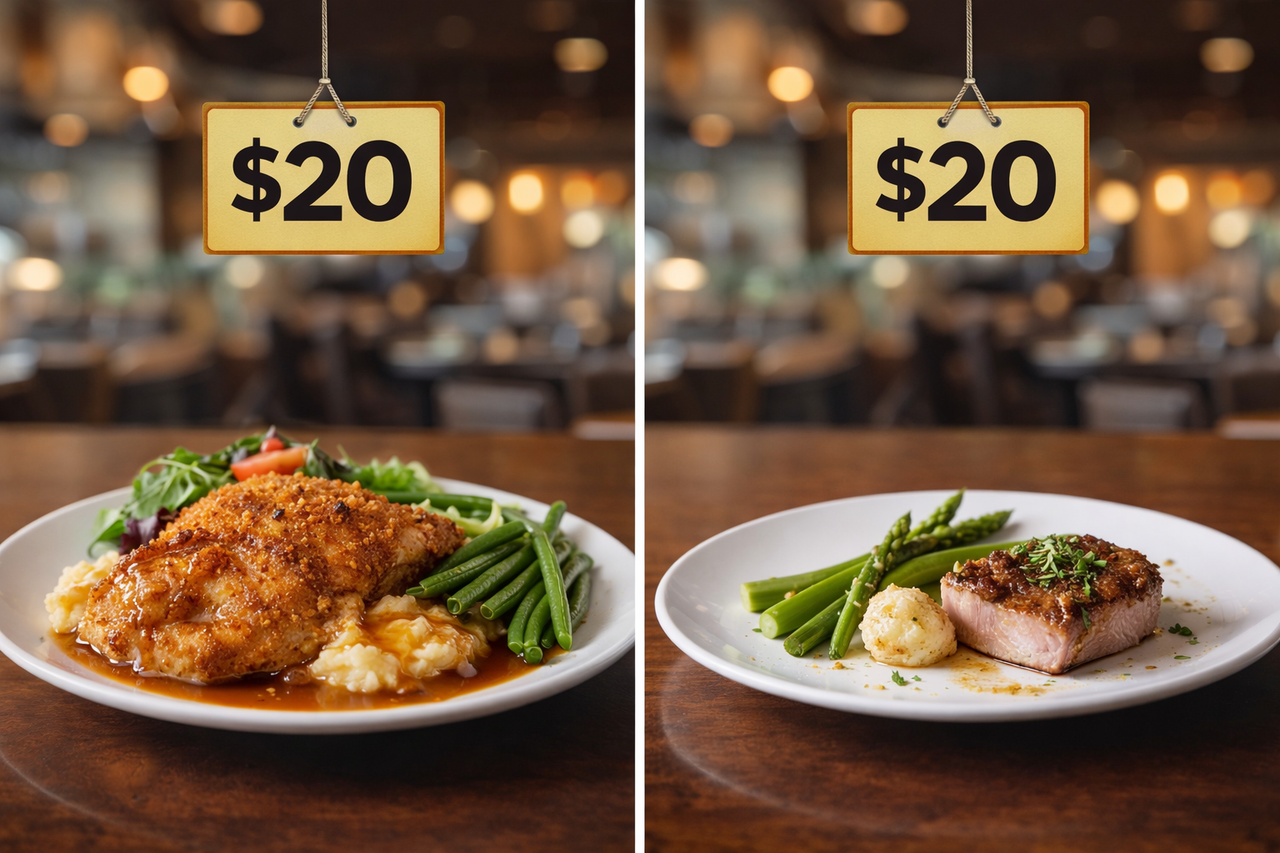 A comparison of a large traditional restaurant meal and a small modern portion with the same price tag, illustrating the debate between shrinkflation and healthier dining trends.