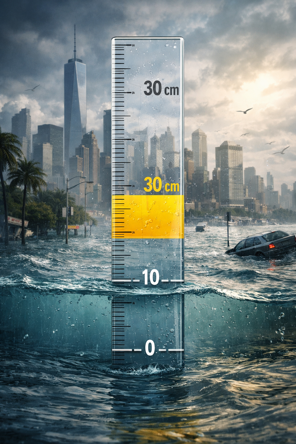 Illustration of a coastal city partially flooded by rising ocean water with a measuring ruler highlighting a 30-centimeter increase in sea level, symbolizing underestimated climate risks.