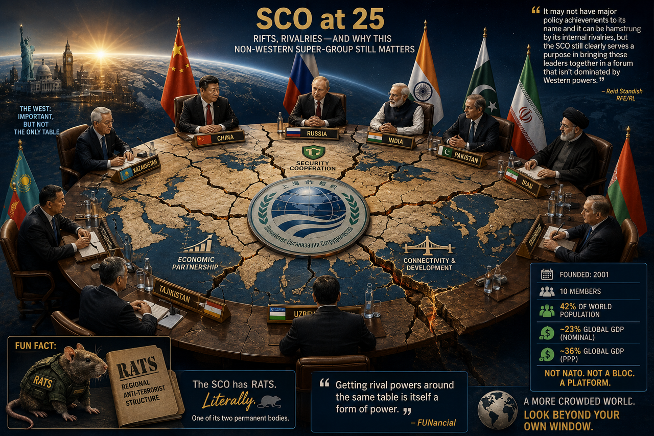 SCO members China, Russia, India, Iran and others gather around a fractured Eurasian table, symbolizing rivalry and a growing multipolar world.