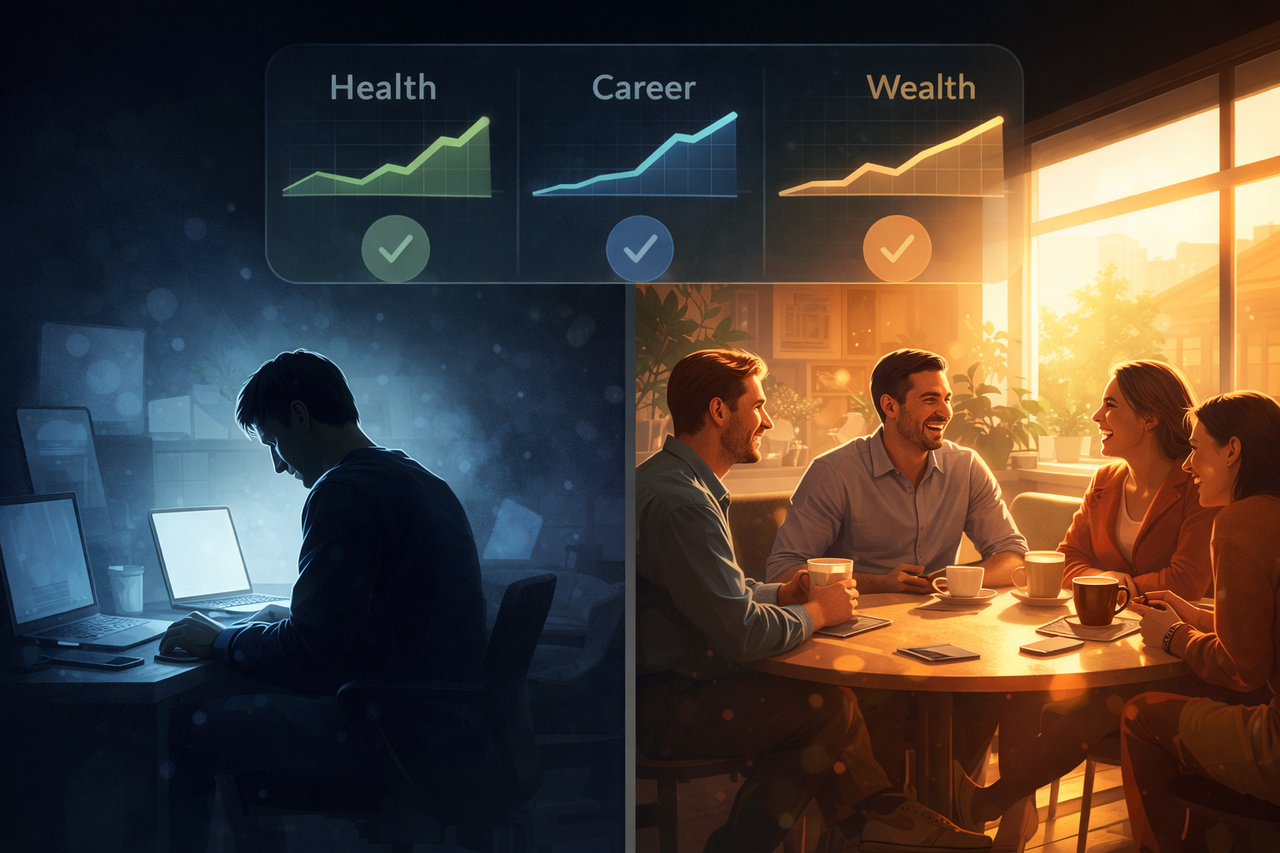 Illustration showing a lonely person surrounded by digital devices contrasted with a lively café scene where friends gather, symbolizing the economic and health benefits of social connections.