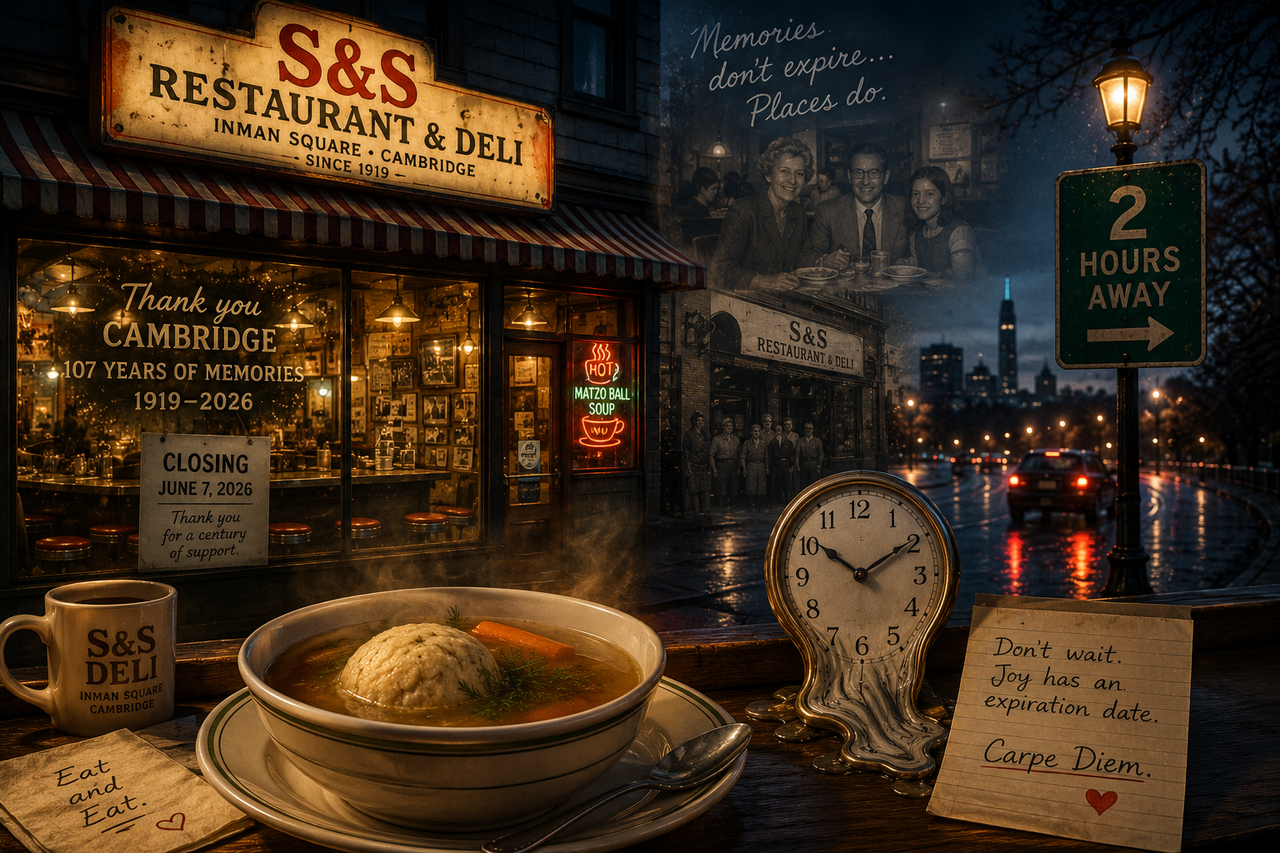 Cinematic nostalgic illustration of a warm glowing deli in Cambridge at night with steaming matzo ball soup, a fading clock symbolizing passing time, and a reflective traveler realizing too late that meaningful places and experiences do not last forever.