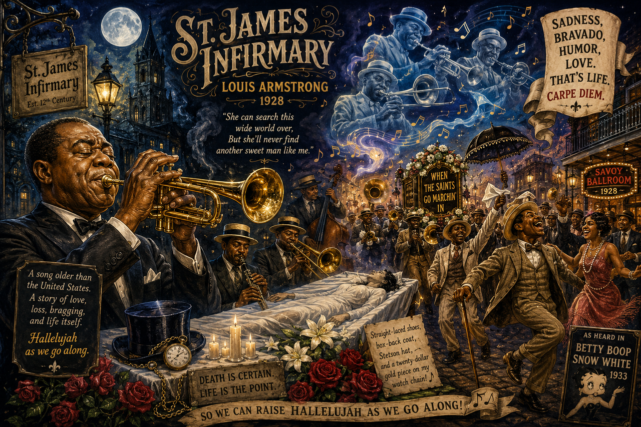 Beautiful and whimsical illustration showing Louis Armstrong in 1928 New Orleans playing his trumpet under moonlight while a gentle funeral procession transforms into a joyful parade. Ghostly musicians, clarinets and trombones float through the air.