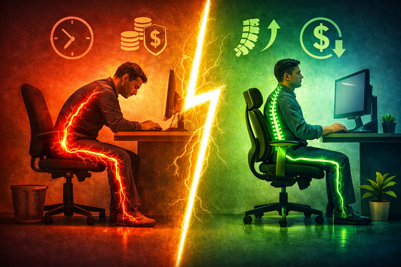 Stylized illustration of sciatica pain showing a glowing nerve from lower back to leg with contrasting poor and proper desk posture