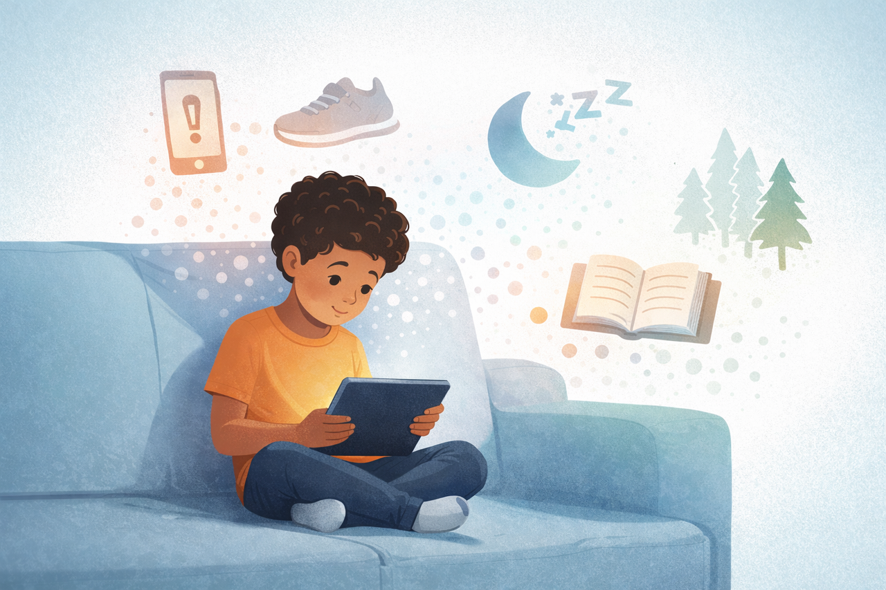Illustration showing a child with a tablet as icons for sleep, exercise, reading, and outdoor play fade into the background, representing how excessive screen time can crowd out healthy activities.