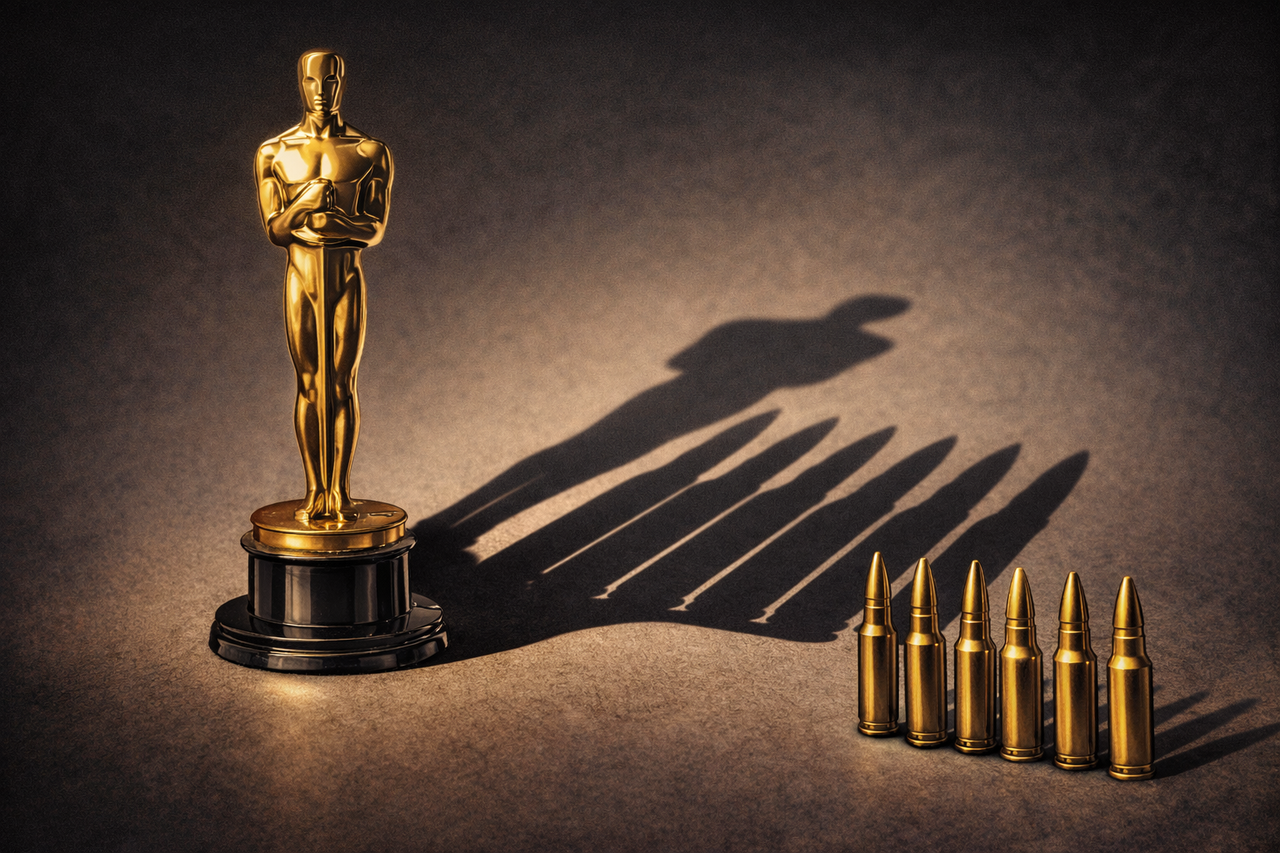 Editorial illustration showing an Oscar statuette casting a shadow that resembles bullets, symbolizing the contrast between Hollywood awards and the reality of war referenced in Sean Penn’s Ukraine activism.
