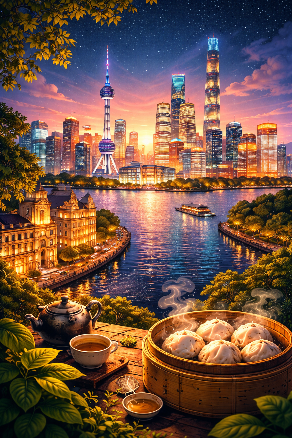 Illustration of Shanghai’s skyline at dusk with the Bund, Pudong skyscrapers, and the Huangpu River, representing the city’s blend of historic China and futuristic modernity.