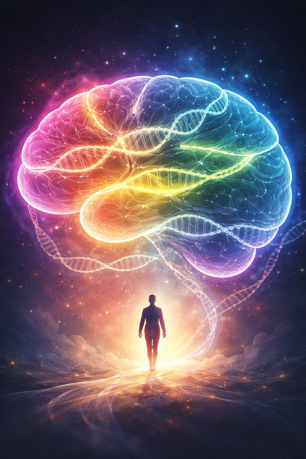 Illustration of a human brain connected by overlapping DNA strands, symbolizing shared genetic roots across psychiatric disorders while emphasizing personal agency beyond genetics.