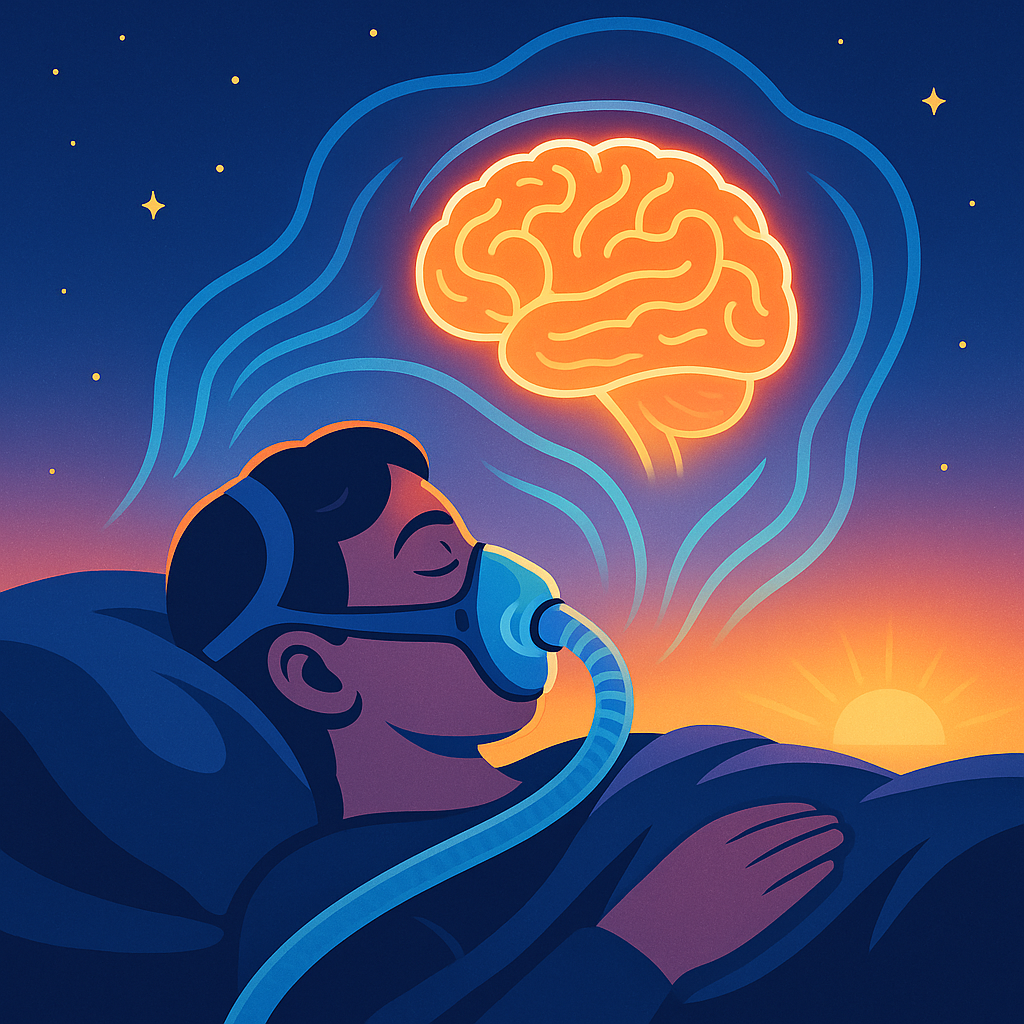 Stylized illustration of a person sleeping with a CPAP mask as glowing airflow protects the brain, symbolizing early sleep apnea treatment reducing Parkinson’s disease risk
