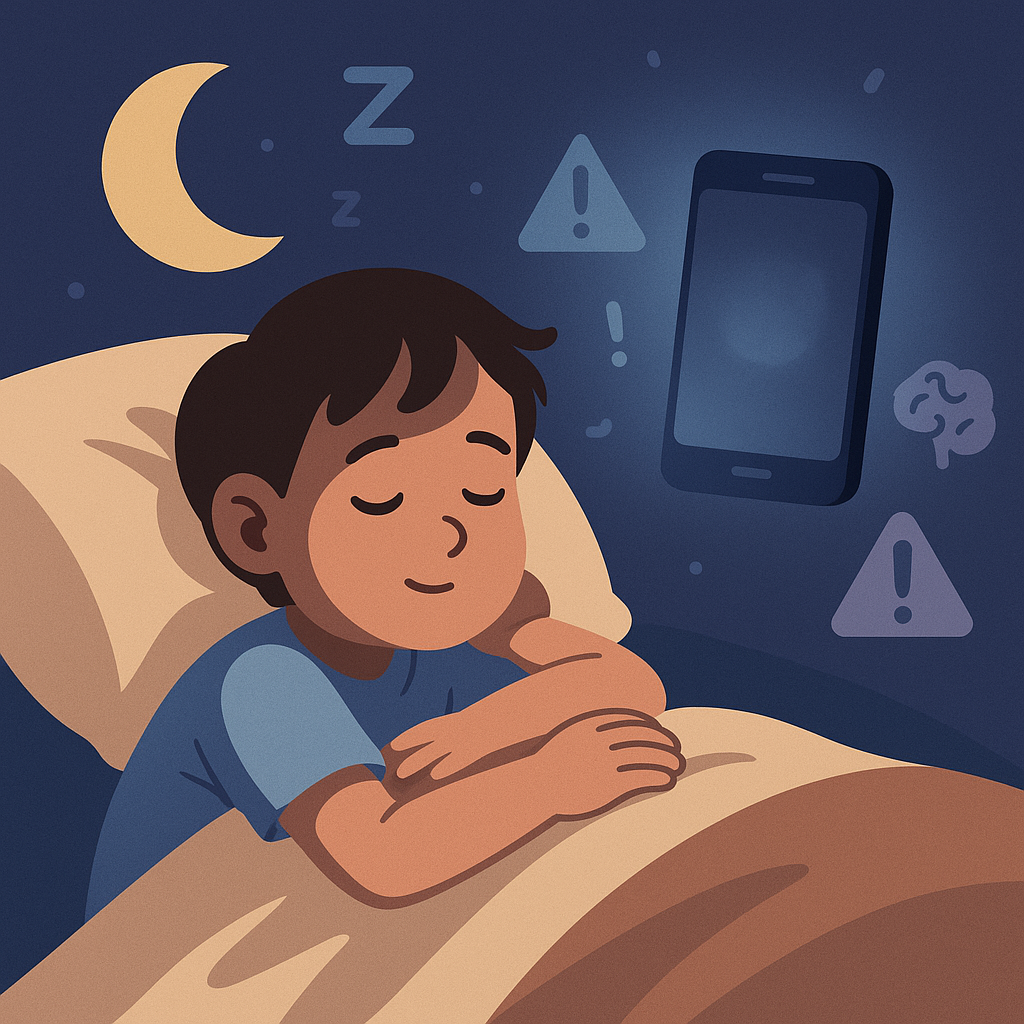 Stylized illustration showing a young child sleeping peacefully as a smartphone fades into the background, symbolizing research linking early smartphone ownership to sleep, mental health, and obesity risks.