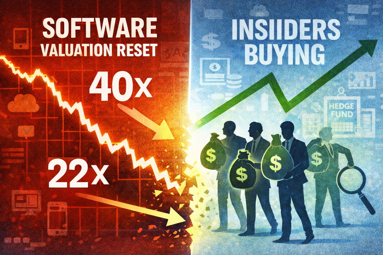 Chart illustration showing software sector valuations falling from around 40× earnings to roughly 22×, alongside icons representing insider buying and hedge fund positioning shifts.