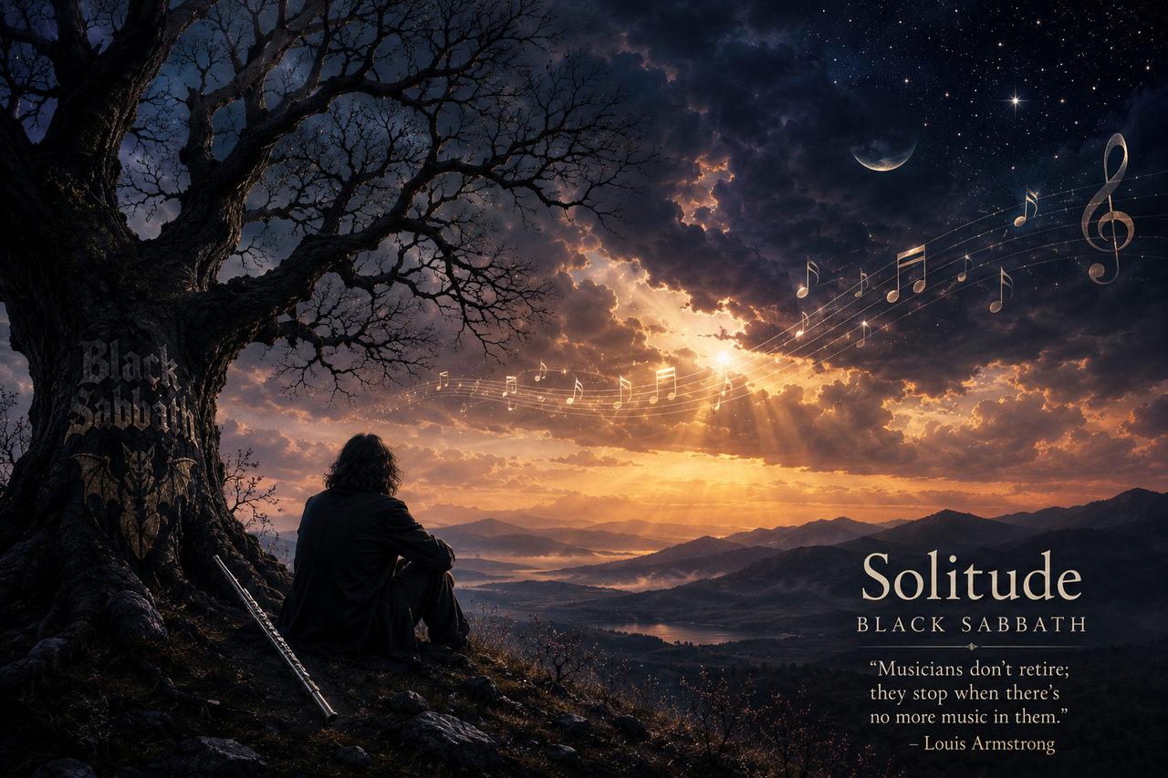 A cinematic twilight scene inspired by Black Sabbath's 
