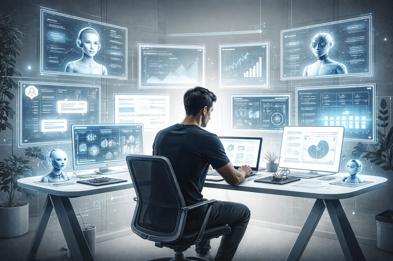 Illustration of a solopreneur calmly orchestrating multiple AI agents and automated workflows, representing the rise of one-person billion-dollar businesses.