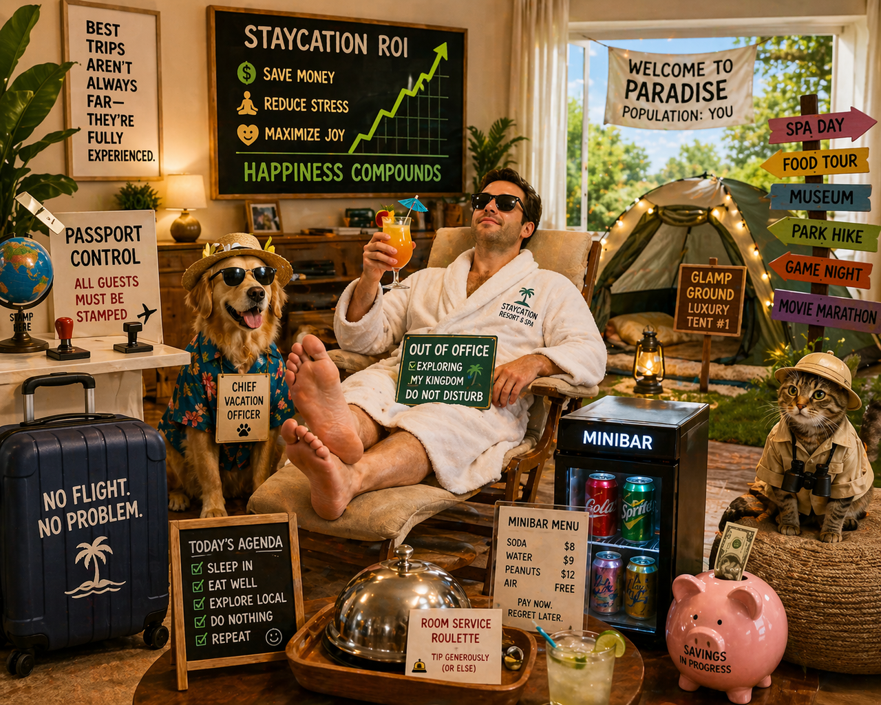 Person enjoying a staycation at home with humorous vacation elements like a suitcase, backyard tent, and passport stamp setup, symbolizing saving money and maximizing relaxation