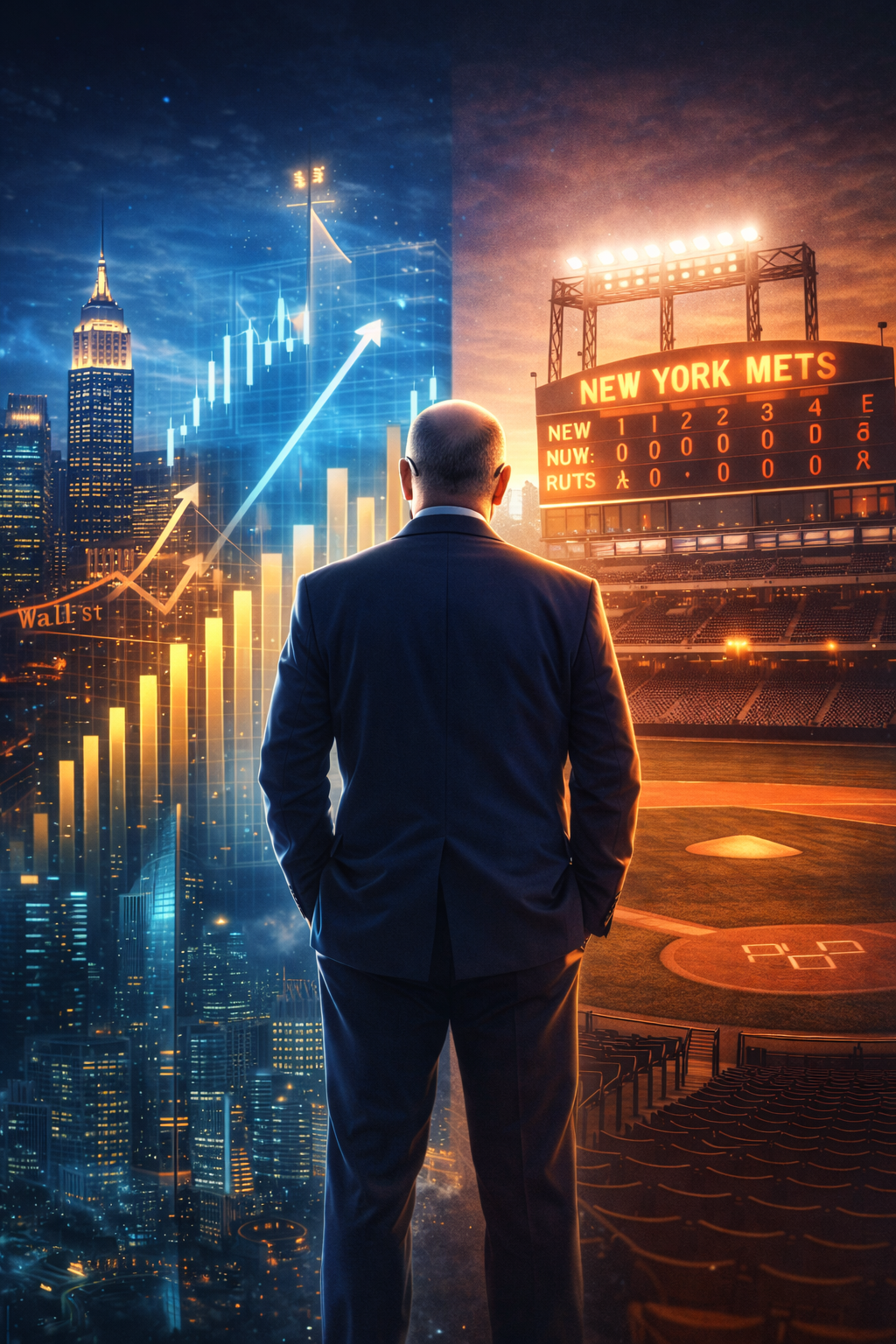 Illustration of hedge fund manager Steve Cohen with Wall Street charts on one side and a baseball stadium on the other, symbolizing his $3.4 billion earnings in 2025 versus the Mets’ struggles.