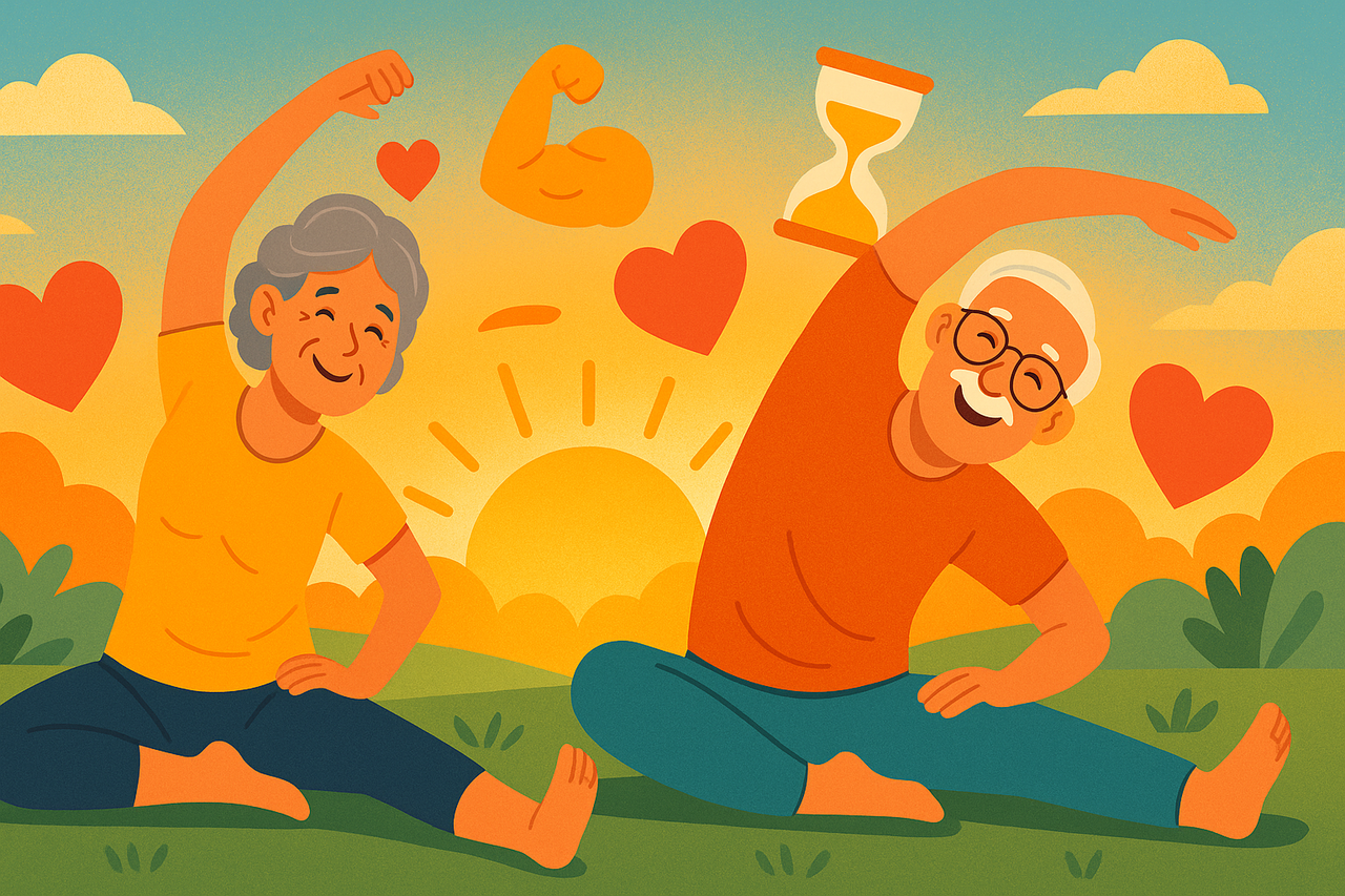 Vibrant digital illustration of a smiling older couple doing yoga stretches at sunrise, surrounded by floating icons of hearts, muscles, and hourglasses — symbolizing flexibility, vitality, and longer life.