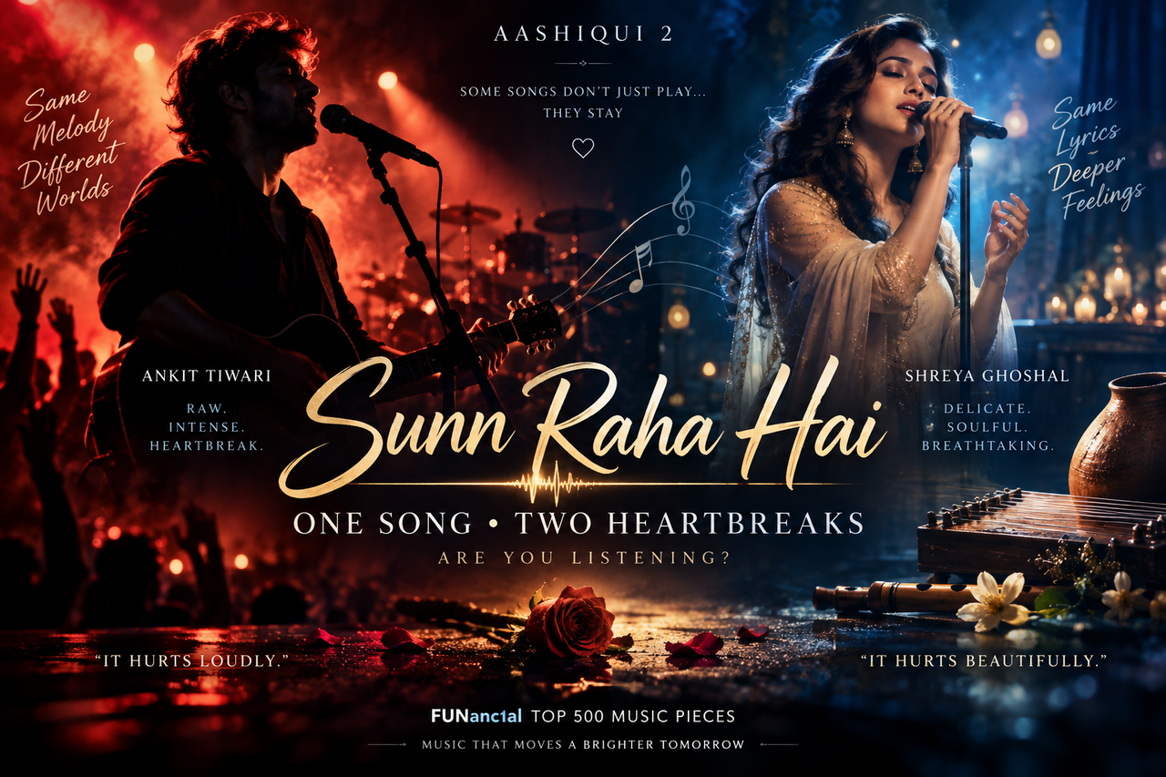 Sunn Raha Hai from Aashiqui 2 portrayed through contrasting male rock and female acoustic performances inspired by Ankit Tiwari and Shreya Ghoshal.