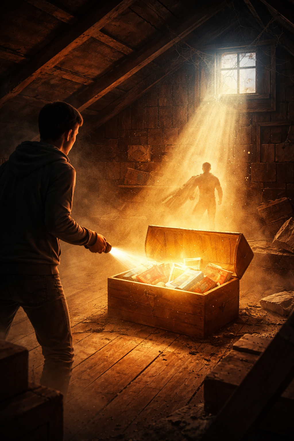 Illustration of a person exploring a dusty attic and discovering a glowing hidden treasure symbolizing untapped potential and a life-changing opportunity.