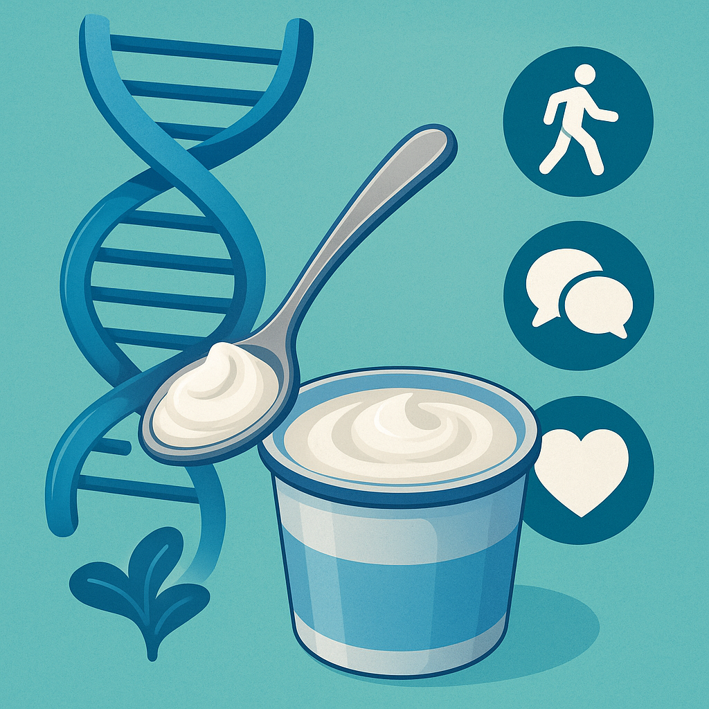 DNA helix curling into a spoon over a cup of plain yogurt, with icons for movement, social life, and heart health—symbolizing genes + lifestyle for longevity.