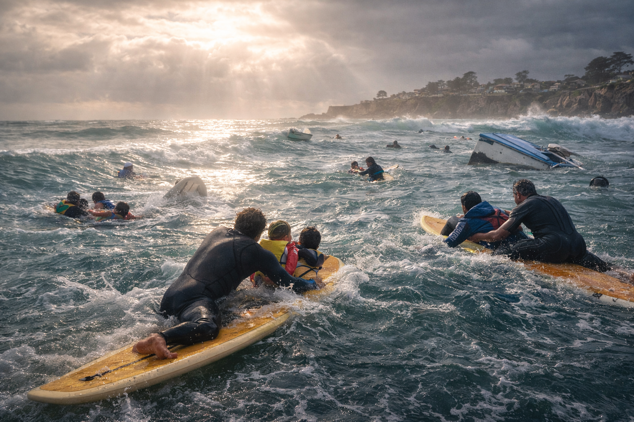 Surfers paddling through rough Santa Cruz waves to rescue a family after a boat capsized, with rescue boards and people being pulled to safety near the shore.