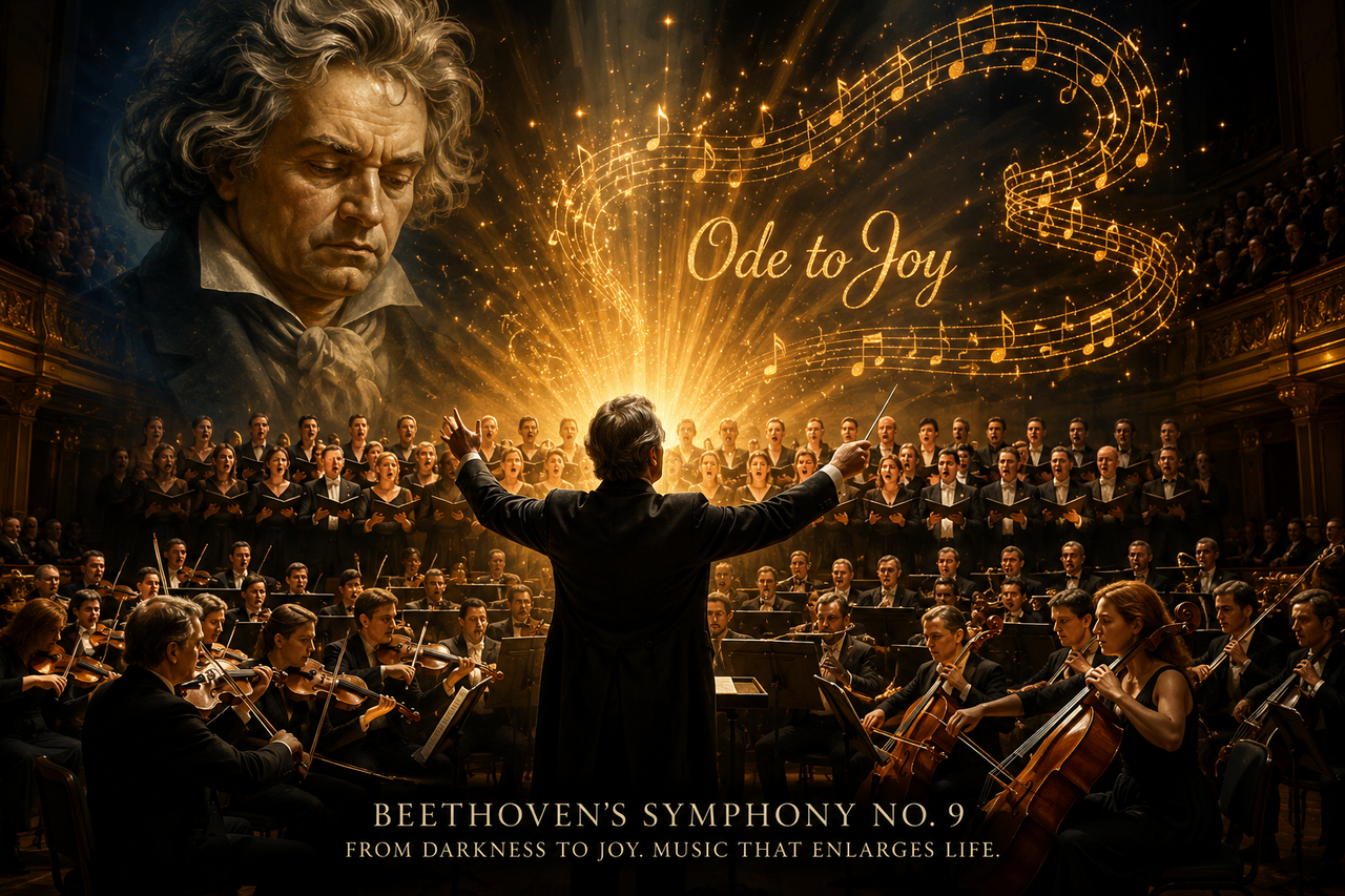 An illustration of Beethoven's Ninth Symphony being performed in a grand concert hall, with a conductor leading a full orchestra during the 