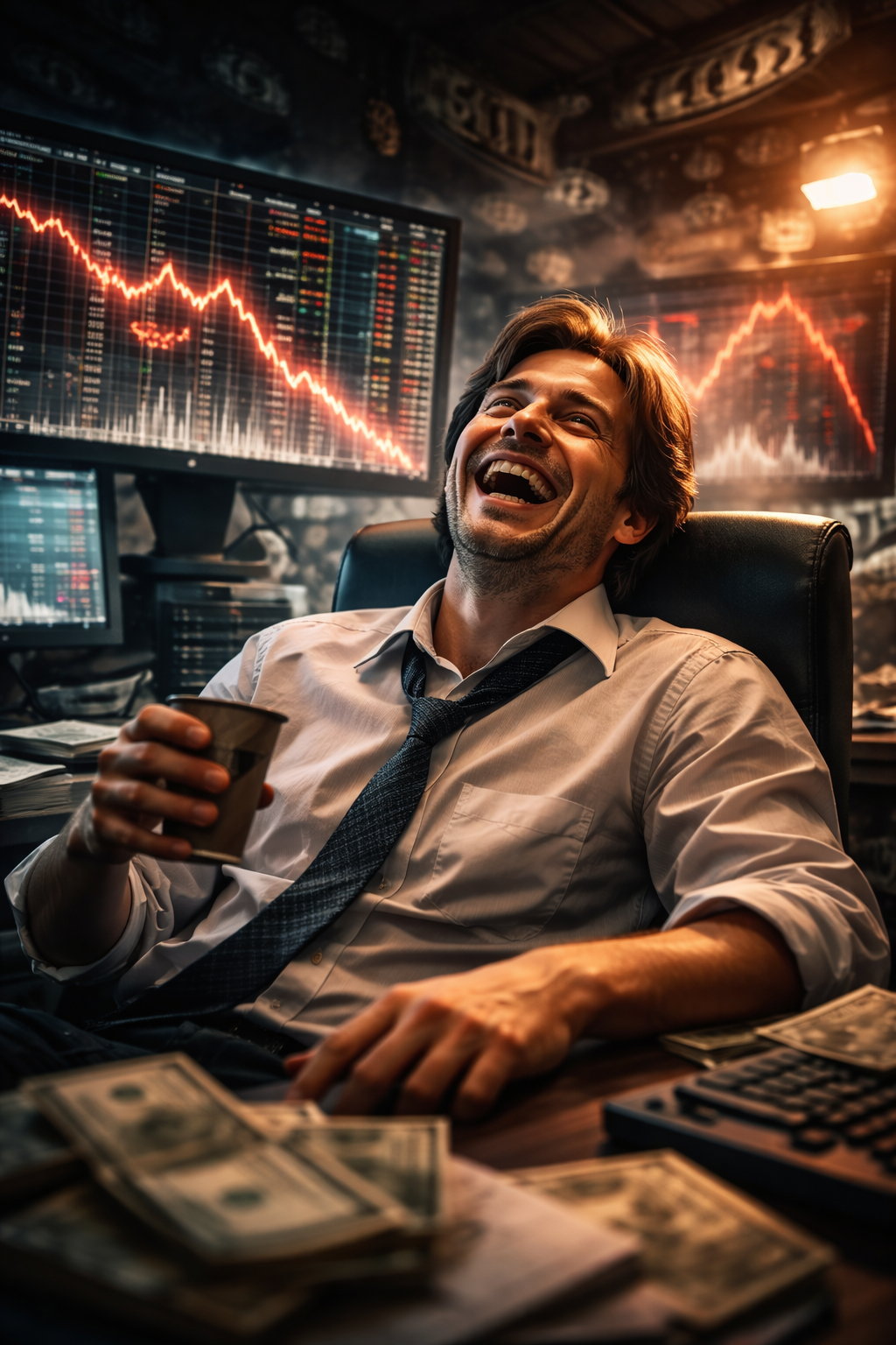 Trader laughing at crashing stock charts with cinematic lighting representing the dark humor of financial markets and The Big Short